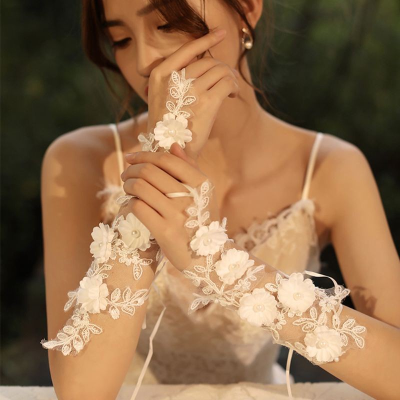 Găng Tay Dài Hở Ngón Thêu Hoa Đính Ngọc Trai Nhân Tạo Cho Nữ