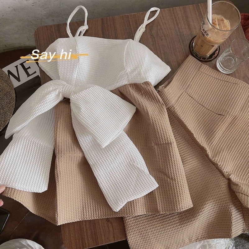 set áo dây xốp phối quần short