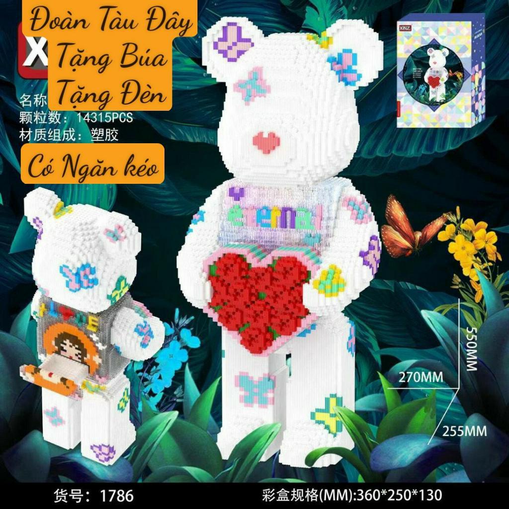 Hot trend le.go bearbrick 55cm ôm hoa trái tim ngọt ngào, phát sáng có ngăn kéo, xếp hình gấu ôm hoa siêu đẹp 55cm