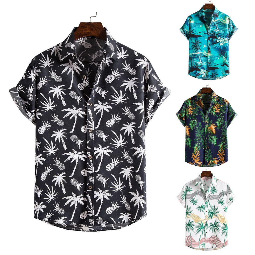 Áo Sơ Mi Nam Ngắn Tay Cổ Bẻ Cài Nút Xuống In Hình Cây Dừa Hawaii Thời Trang Du Lịch