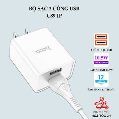 Sạc IP Hoco C89 2.1A với 2 cổng USB gồm củ và dây cáp H-UPF01-SI dài 1m