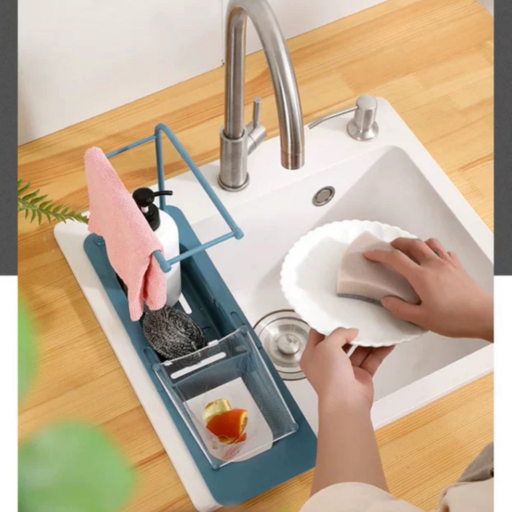 KỆ ĐỰNG DỤNG CỤ RỬA CHÉN XÀ PHÒNG CÓ LỖ THOÁT NƯỚC KÈM GIÁ TREO KHĂN TIỆN LỢI - KHAY NHỰA GẤP GỌN GÁC BỒN RỬA CHÉN
