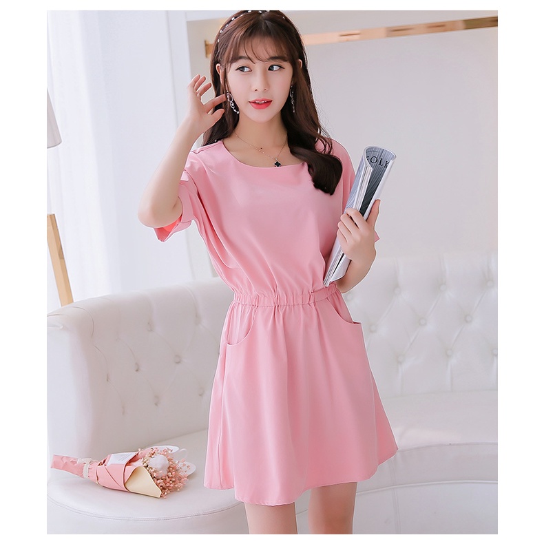 Đầm công sở nữ trơn eo chun có túi phối màu hồng nữ tính Da50