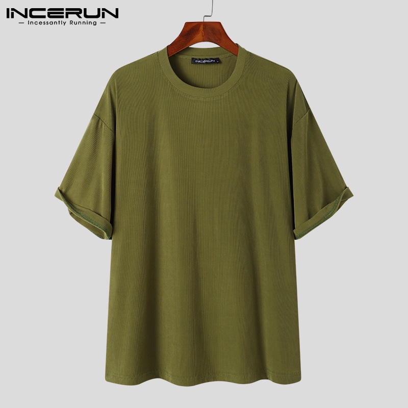 Áo thun INCERUN tay ngắn màu trơn phong cách giản dị thời trang cho nam