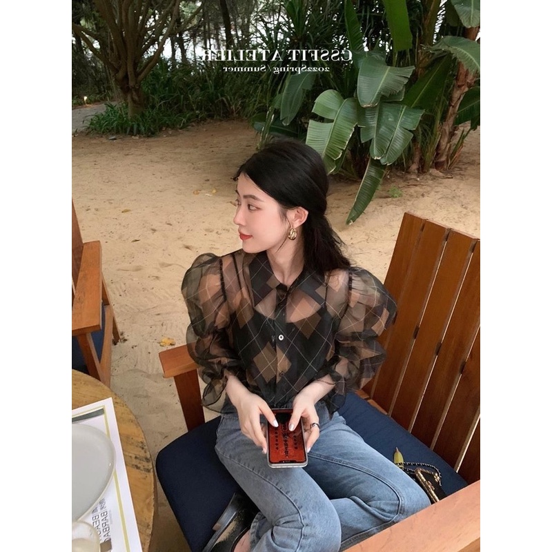 Áo Sơ Mi Croptop Vải Voan Đen Tay Phồng Dài Cài Khuy Họa Tiết Kẻ Sọc Kiểu Vintage Thời Trang Cho Bạn Gái