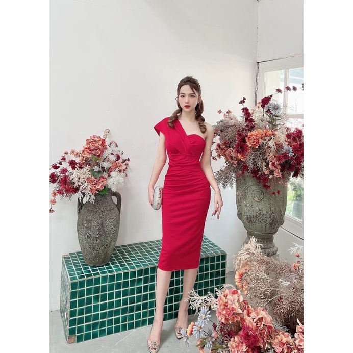 Đầm body nữ lệch vai xếp ly eo sang chảnh với 4 màu sắc  thích hợp cho nàng dạ tiệc