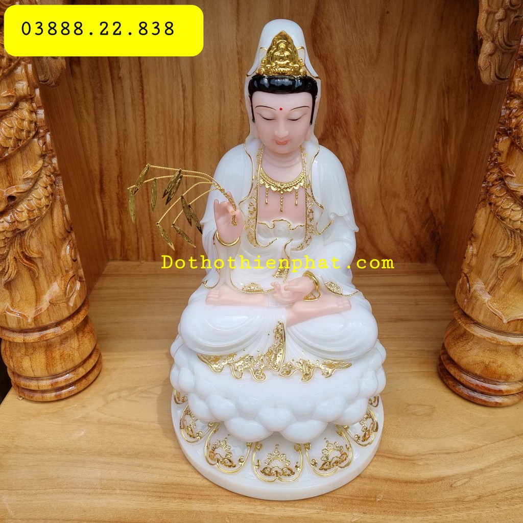 Tượng Quan Âm đá màu trắng 12in cao 30cm mẫu mới