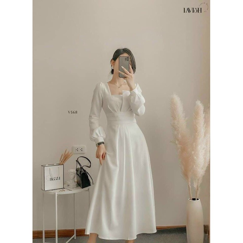 ĐẦM TRẮNG CỔ DẬP BO EO TAY DÀI DÁNG MIDI