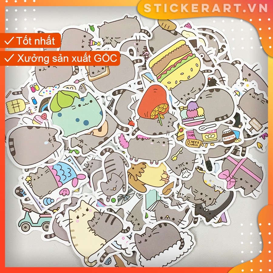 [PUSHEEN CAT] 100 Sticker 5CM chống nước dán laptop vali xe mũ bảo hiểm nhà cửa ...