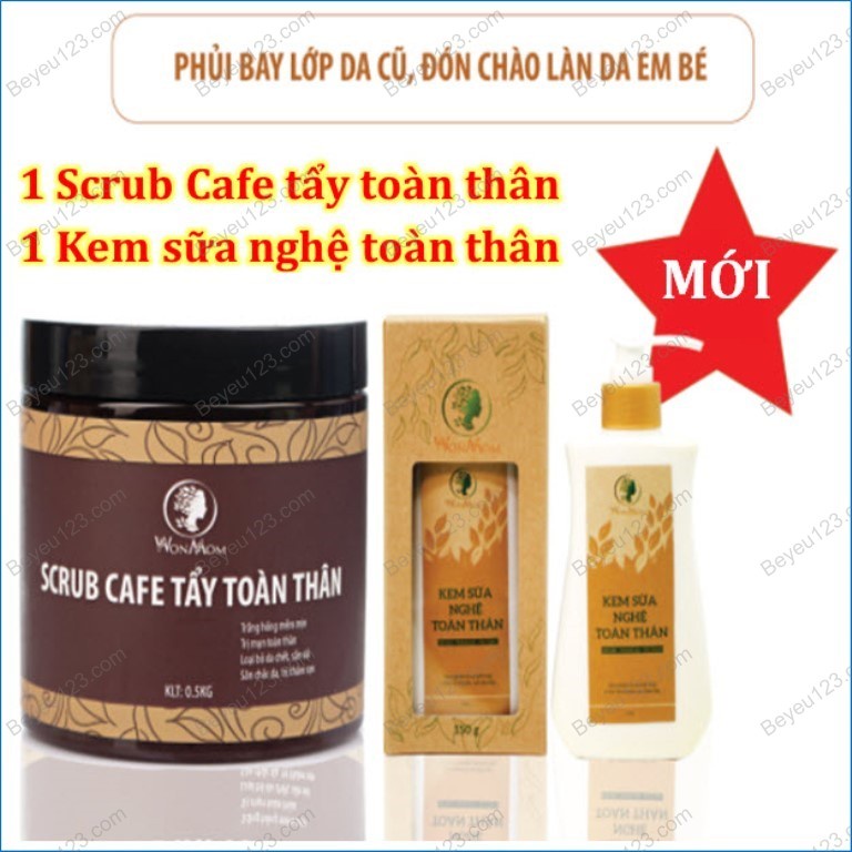 COMBO Phủi bay lớp da cũ, đón chào làn da Em Bé Wonmom (1 Kem sữa nghệ toàn thân + 1 Scrub Cafe tẩy toàn thân)