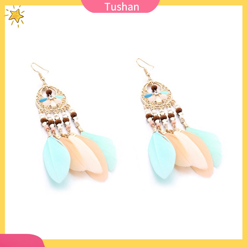 Đôi khuyên tai kiểu lưới giấc mơ phối hạt và lông vũ thời trang cho nữ