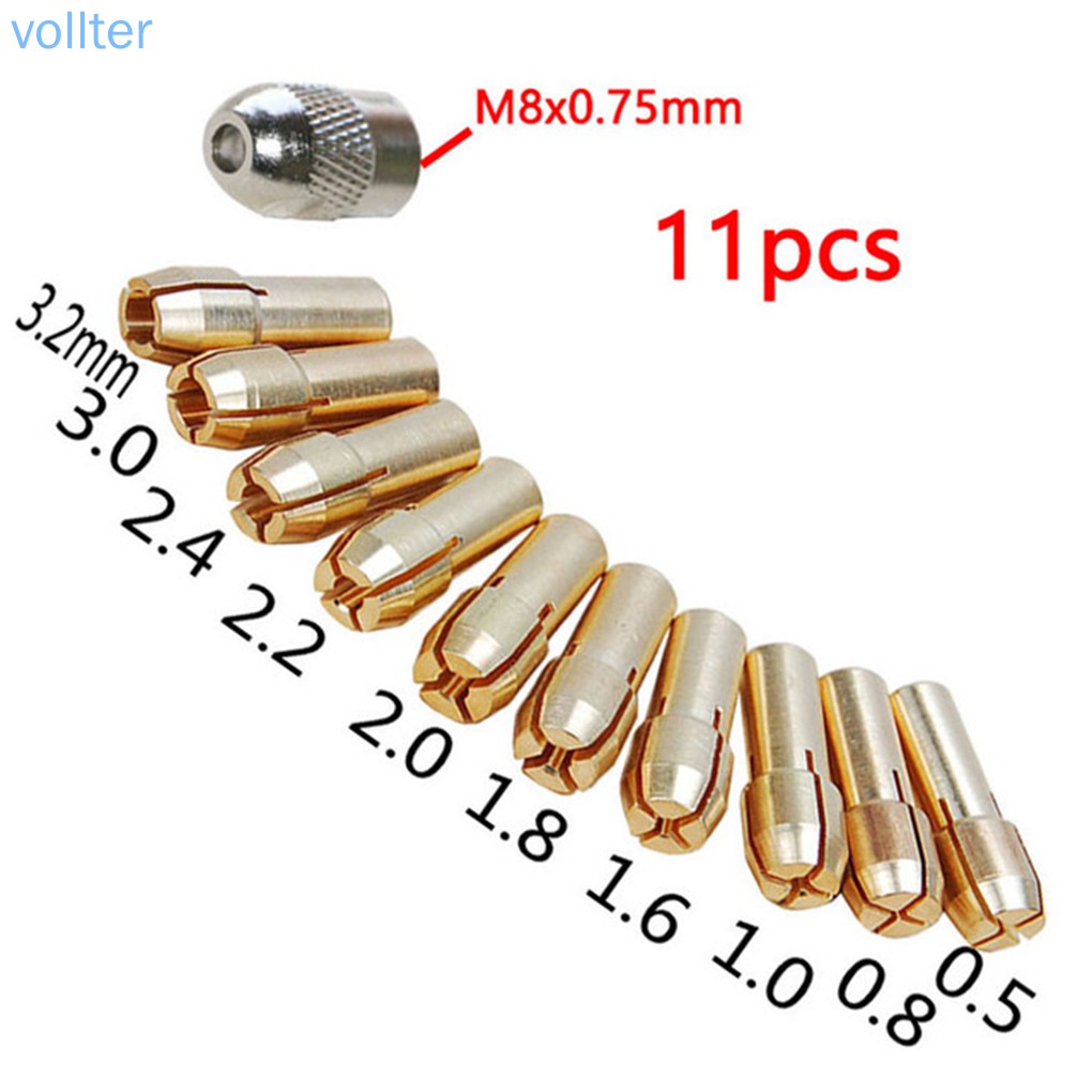 VOLL 11PCS/Set Brass Drill Chucks Collet Bits 0.5-3.2mm 4.3mm Shank Screw Nut Replacement for Dremel Rotary Tool