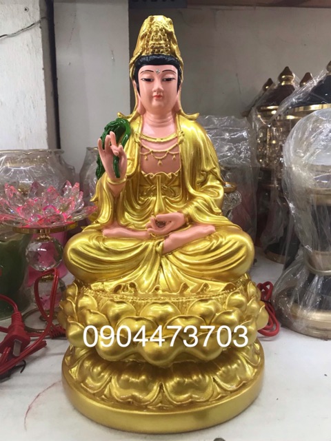 Tượng Quan Âm Bồ Tát ngồi cao 30cm vàng vẽ - LHCQA30v