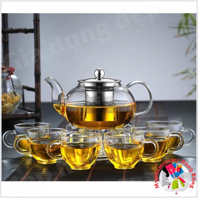 (HÀNG ĐẸP) Set ấm chén thuỷ tinh ( ấm, chén, đế tim)