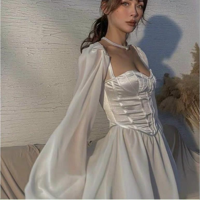 ĐẦM TRẮNG MINAL DRESS thiết kế tay dài sang trọng chất vải phi bóng quyến rũ, bo chun co giãn có kèm quần trong 👗