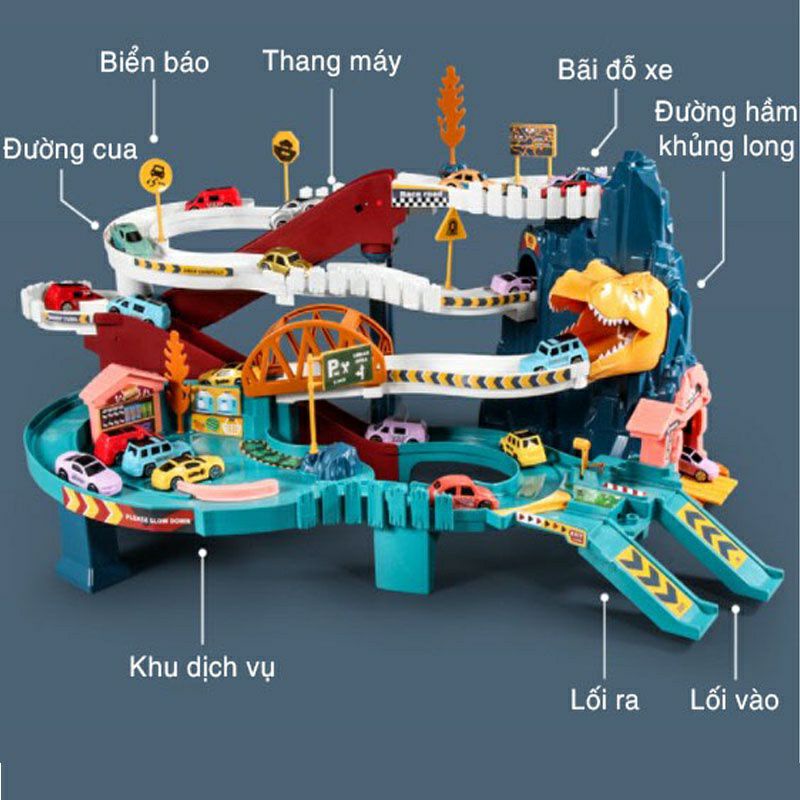 Đồ Chơi Đường Hầm Bãi Đỗ Xe Oto Garage Tự Động 3 Tầng Lắp Ráp Khủng Long Cao Cấp