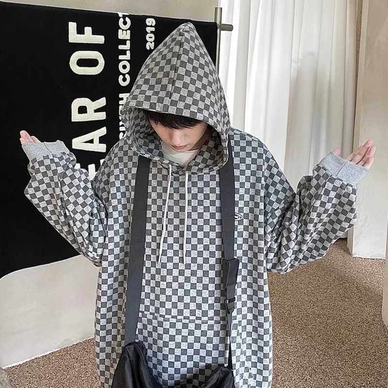 Áo khoác hoodie dài tay họa tiết sọc caro phong cách Hong Kong dành cho nam 2021
