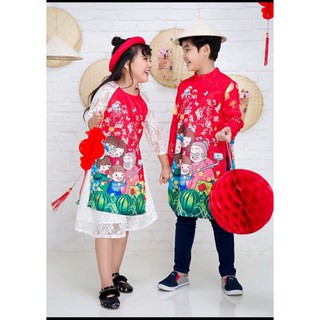 Set áo dài gấm bé gái váy ren kèm mấn cực đẹp/ Áo dài gấm bé trai, chất vải ren cao cấp gấm mềm mại, thoáng mát thấm hút