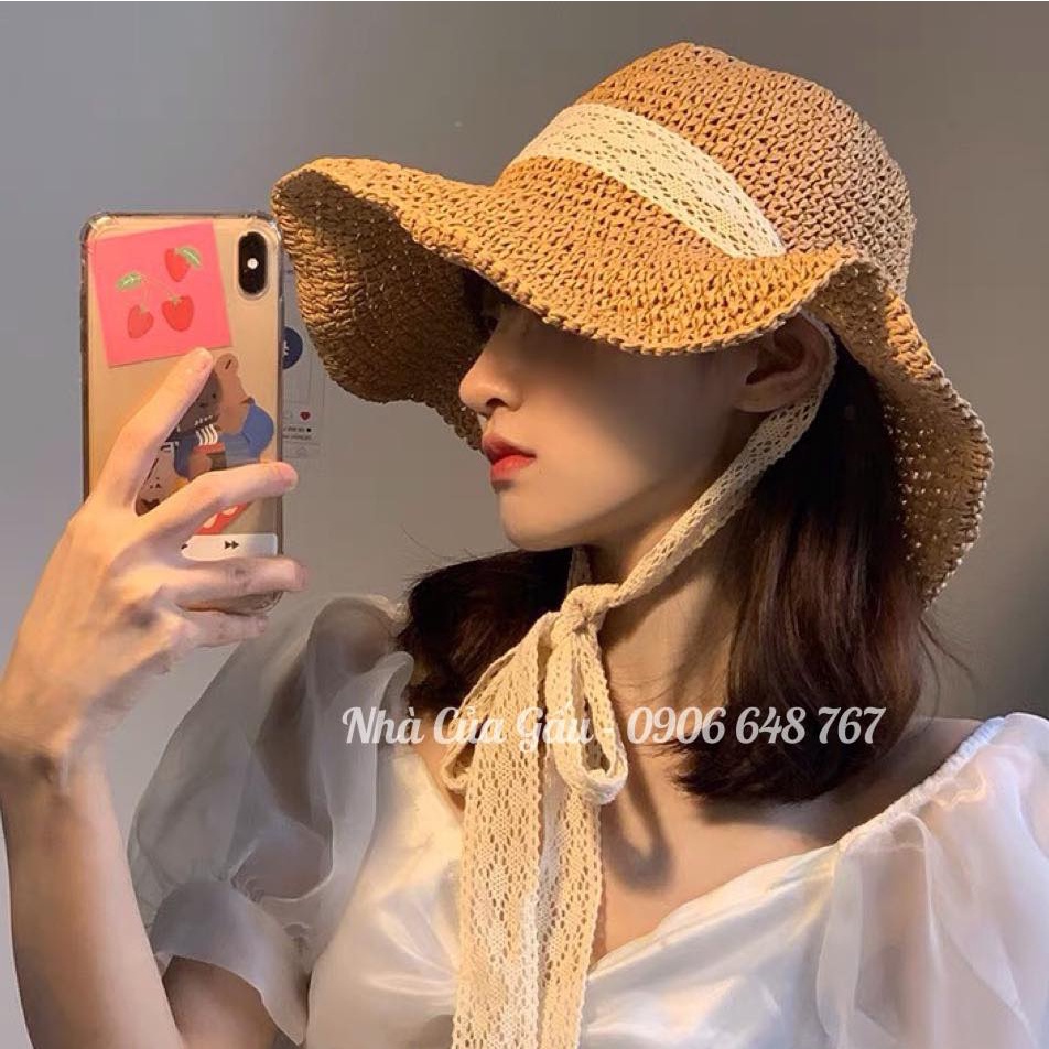 Mũ cói ren cột nơ loại 1 đi chơi siêu xinh
