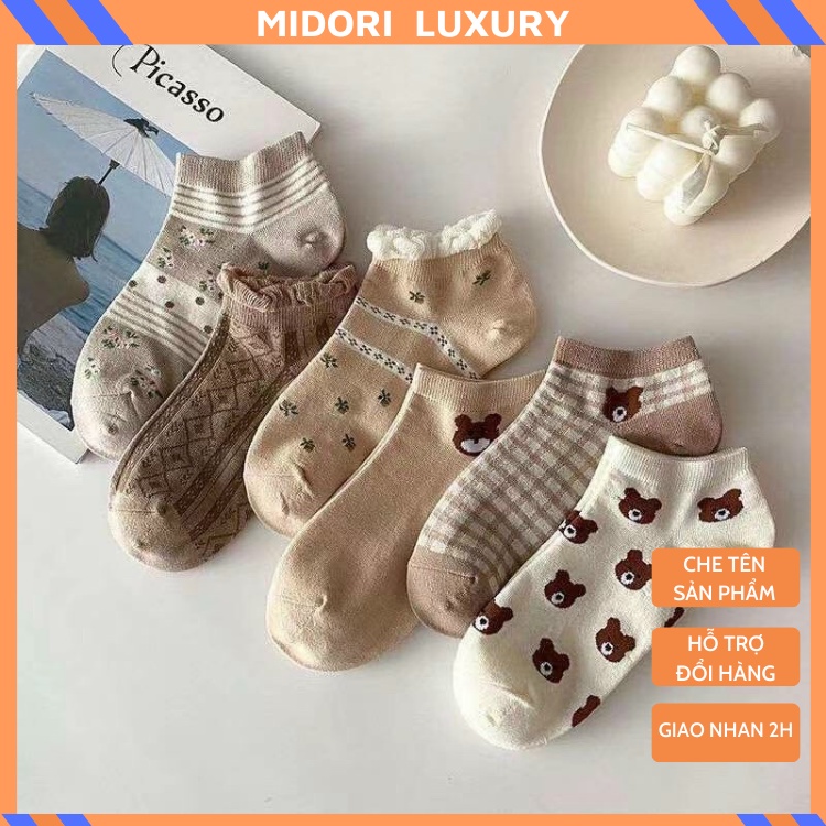 Tất Nữ Cotton Cổ Cao Ngang Mắt Cá Chân Họa Tiết Gấu Dễ Thương, Tất Vớ Nữ Siêu Xinh