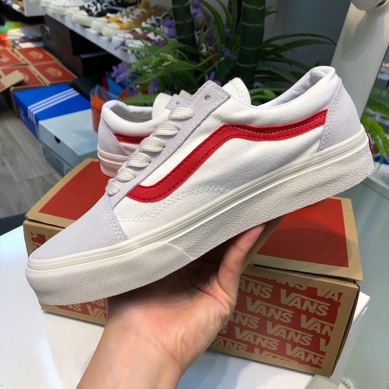 Giày thể thao sneaker  vaul old skool trắng soc đỏ da nộn cao cấp full box, van thờ trang, vietmax86,