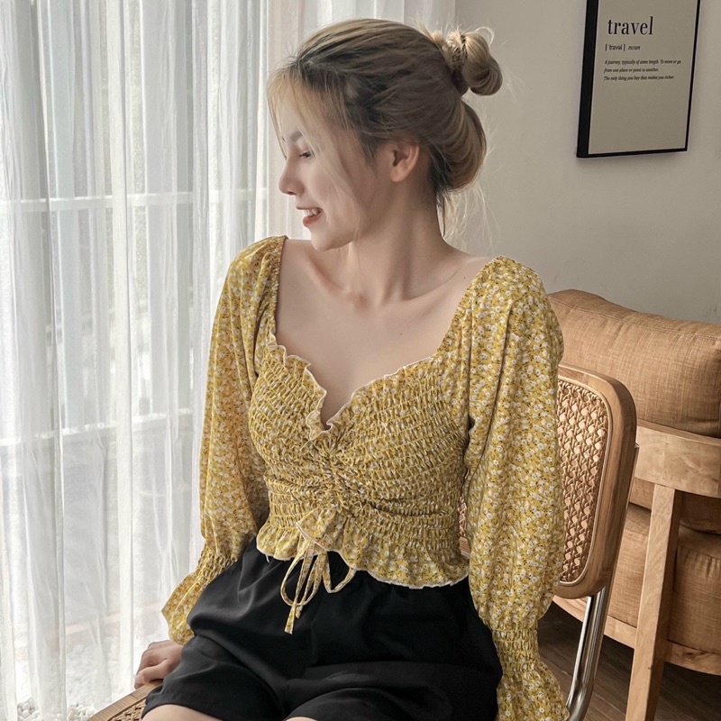 [Ảnh thật+ Video] ÁO HOA NHÍ RÚT GIỮA TAY DÀI VOAN DÁNG CROPTOP XINH XẮN VINTAGE , chizi shop
