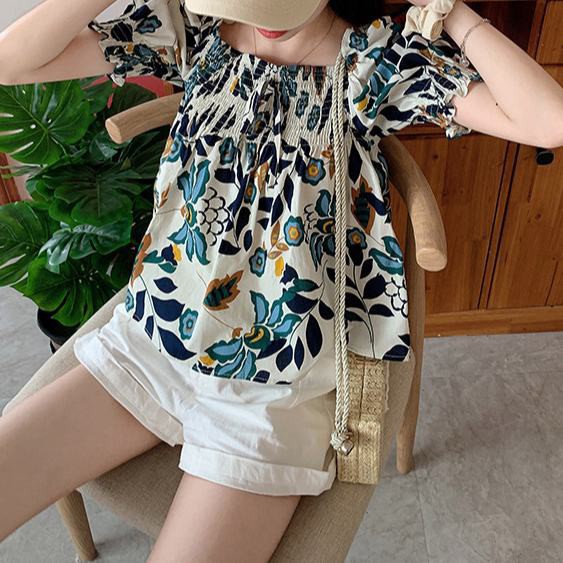 Áo Kiểu Nữ Tay Phồng Cổ Vuông Họa Tiết Hoa Xinh Xắn Thời Trang