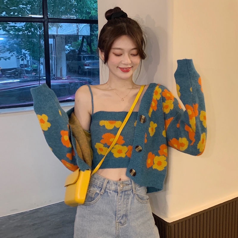 Bộ áo khoác cardigan dệt kim dáng rộng + áo hai dây thời trang thu đông 2021 (có bán lẻ)