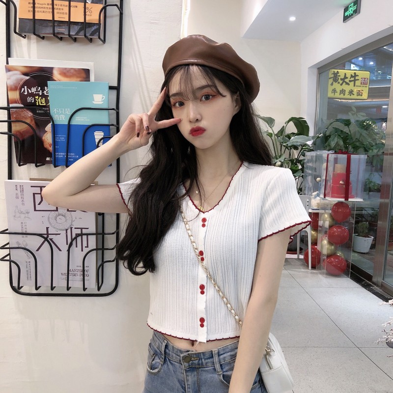 Áo len tăm croptop ngắn tay cổ tim dệt kim phong cách ulzzang Hàn Quốc - Roxie