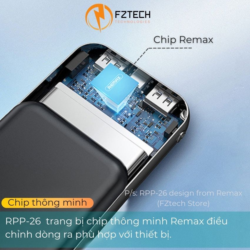 Sạc dự phòng 10000mah Remax RPP-26 FZTECH Pin dự phòng chính hãng Sạc nhanh 2.1A Màn hình LED hiển thị dung lượng pin