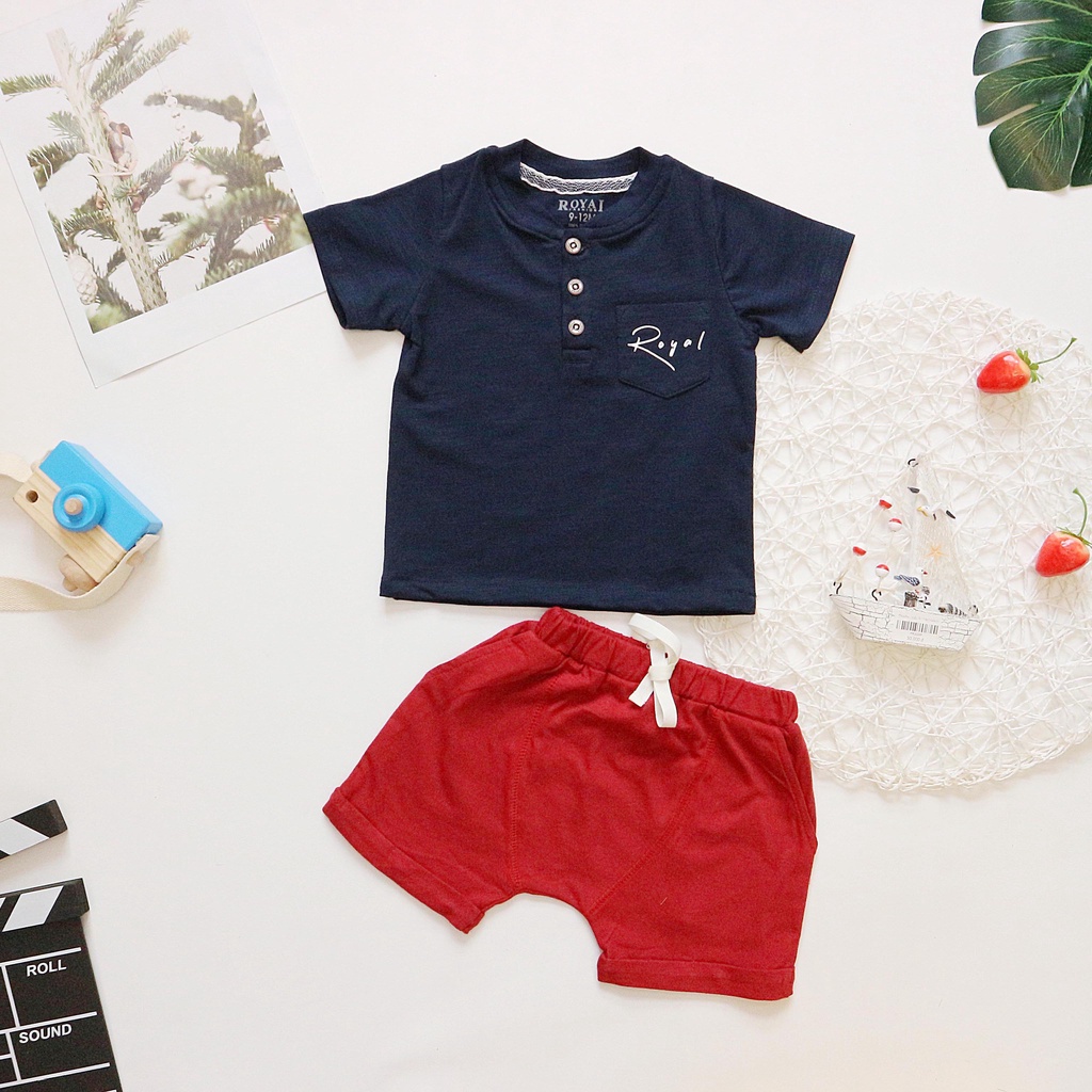 Bộ quần áo bé trai, áo thun cotton màu xanh than in logo trên túi, quần thun cho Bé từ 8 21kg-Royal kids