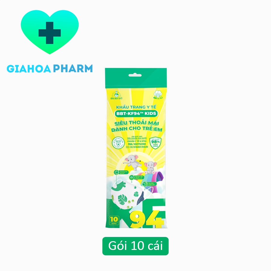 Khẩu trang y tế trẻ em Bông Bạch Tuyết BBT KF94 Kids (Kiểu dáng thời trang cho bé, hình khủng long) - Gói 10 cái [kid]
