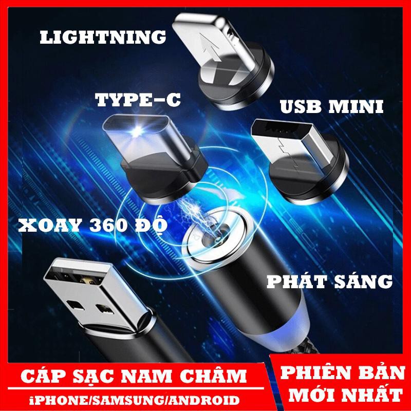 Cáp Sạc Nam Châm Đa Năng Dây Sạc Phát Sáng Xoay 360 Độ Sạc Nhanh 3 Đầu Cho Điện Thoại iPhone Samsung Light