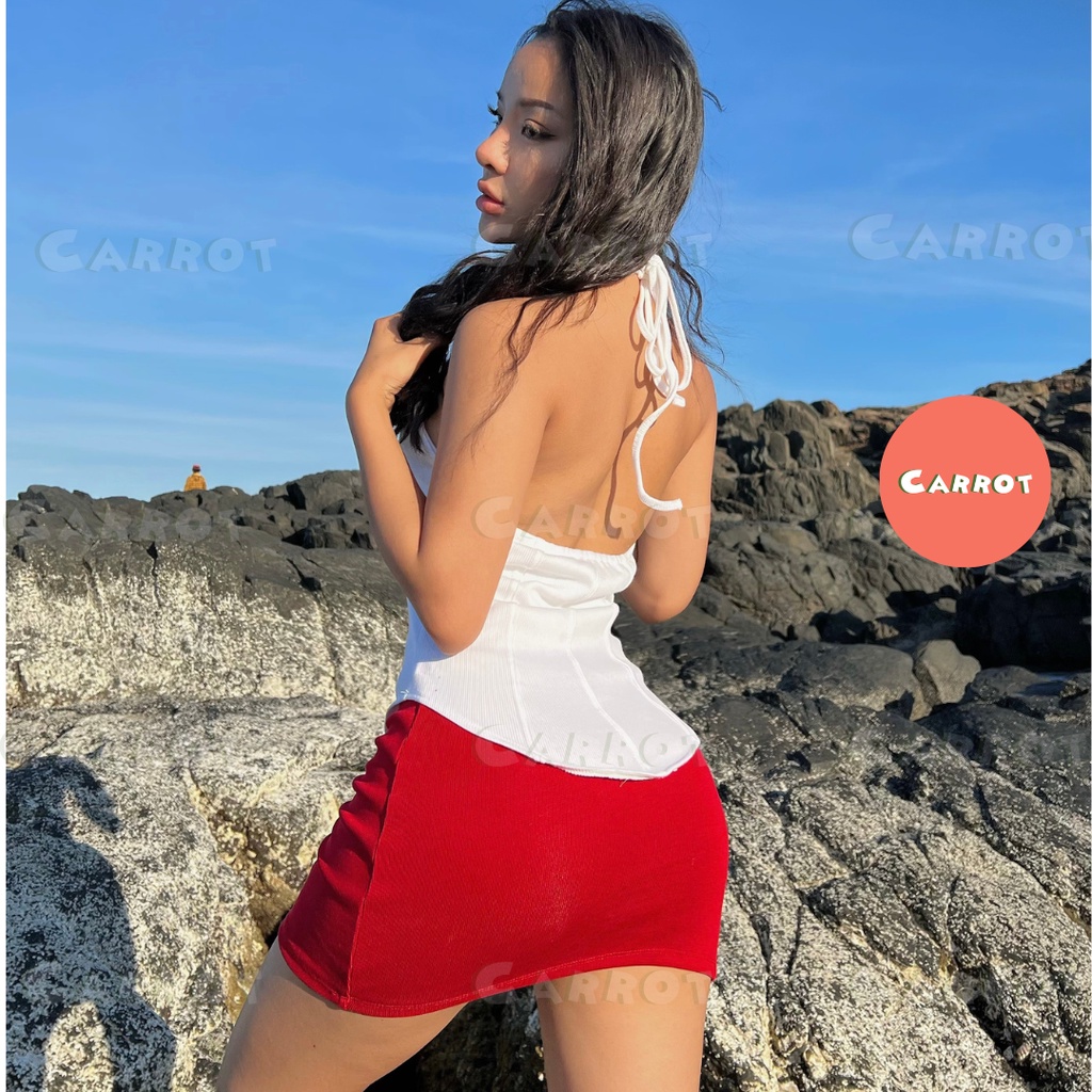 Áo croptop thiết kế khoét ngực tôn dáng chân váy ngắn ôm body cột  đi biển đi du lịch carrotxinhdep chất cao cấp co giãn