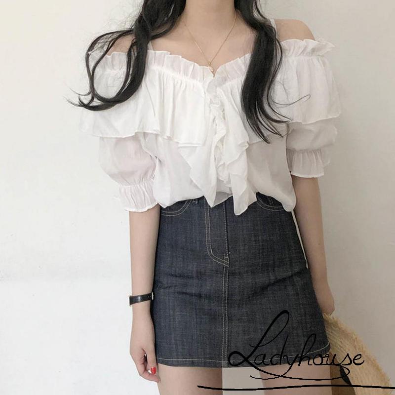 Áo Kiểu Trễ Vai Tay Ngắn Màu Trơn Thời Trang Mùa Hè Cho Nữ