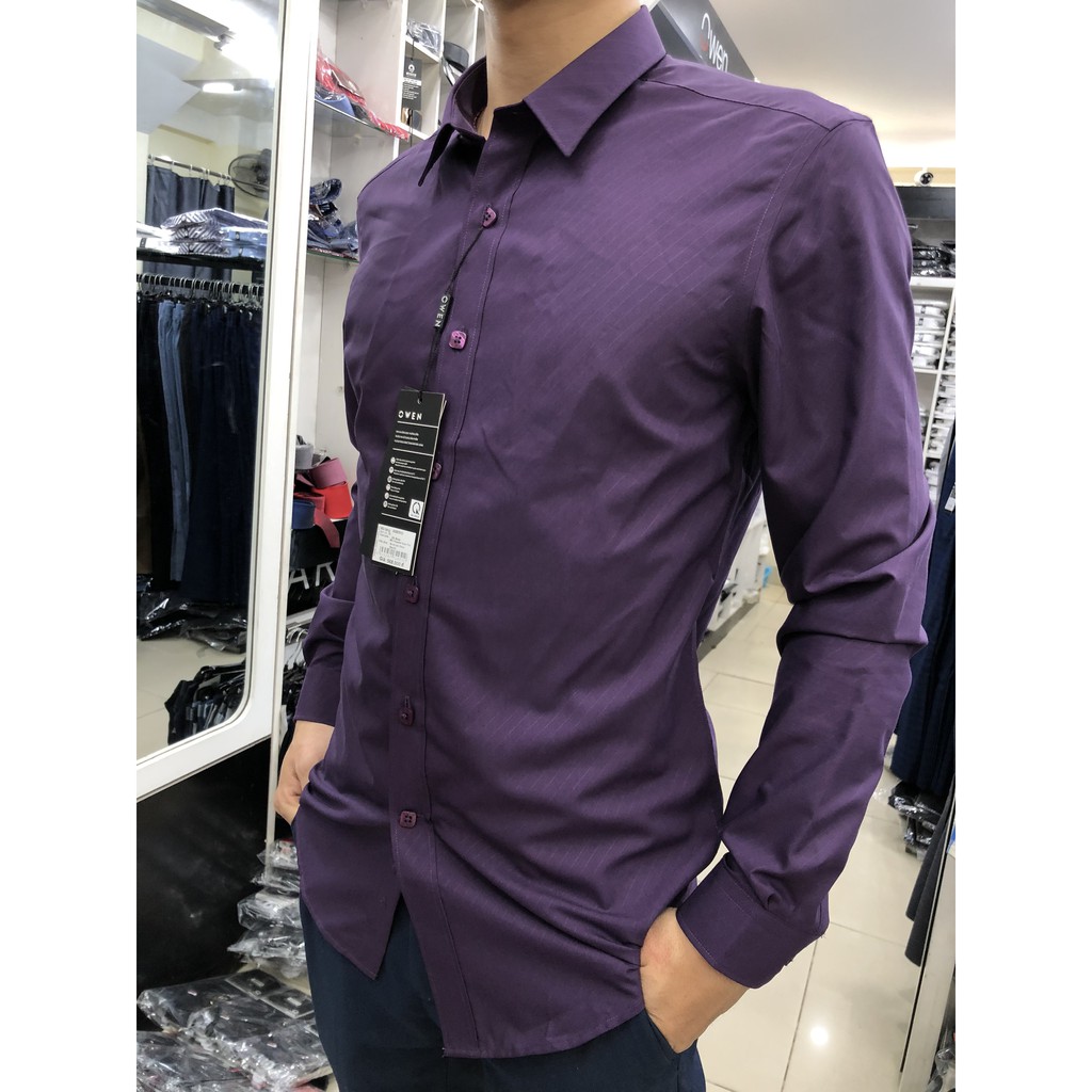 ÁO SƠ MI NAM DÀI TAY TÍM KẺ HỌA TIẾT As80418 CHẤT SỢI TRE CHỐNG NHĂN MỊN MÁT