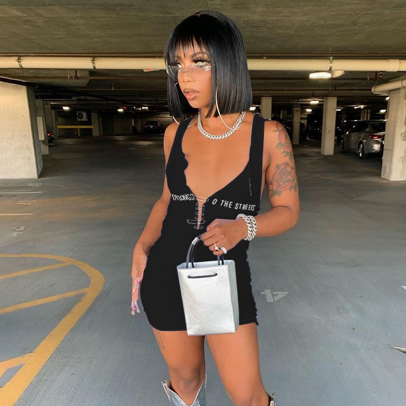 DUNEA Đầm Ôm Sát Có Khóa In Chữ Thời Trang Dành Cho Nữ