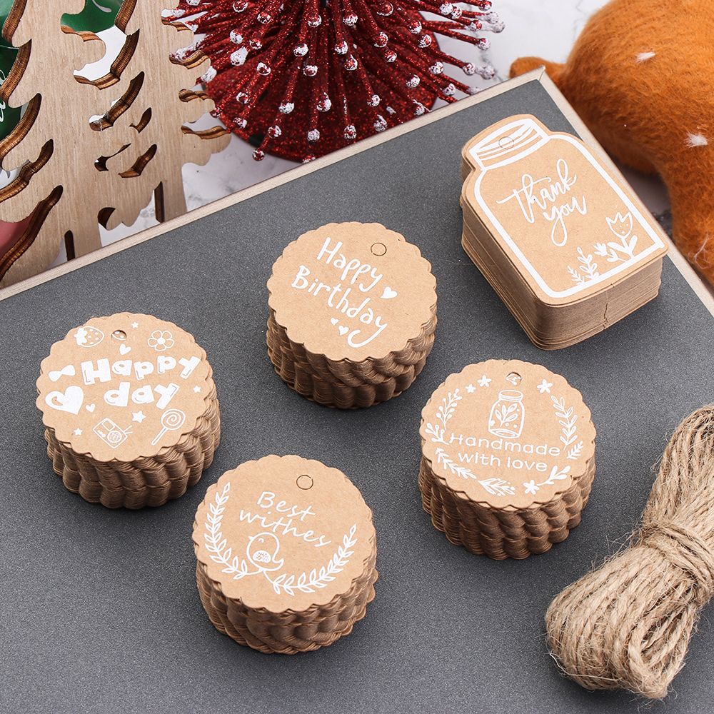 Bộ 50 thẻ giấy kraft nhiều kiểu dáng kèm dây đa năng trang trí túi quà diy