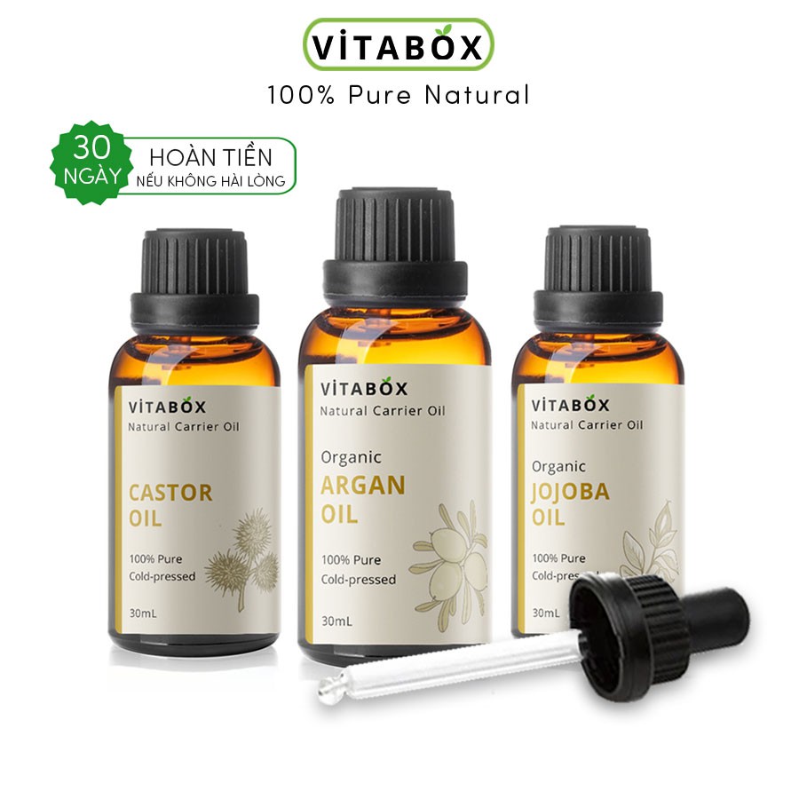 Dầu nền hữu cơ ép lạnh VITABOX Organic Carrier oil Jojoba Argan Grapeseed Avocado nguyên tinh chất dưỡng da mặt body tóc