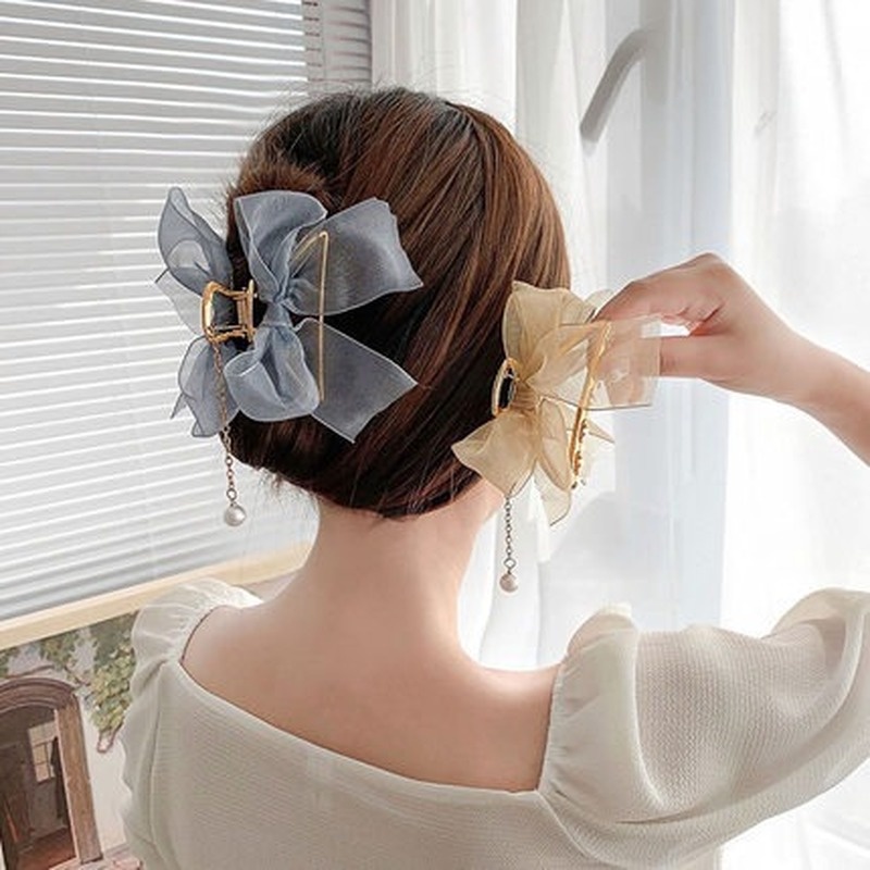 Kẹp Tóc Hình Nơ Đính Ngọc Trai / Kim Cương Giả Bằng Kim Loại Thanh Lịch