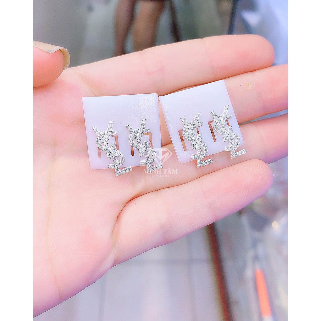 Bông tai bạc nữ YSL nạm đá bạc ta,Khuyên tai bạc YSL bạc ta gắn đá