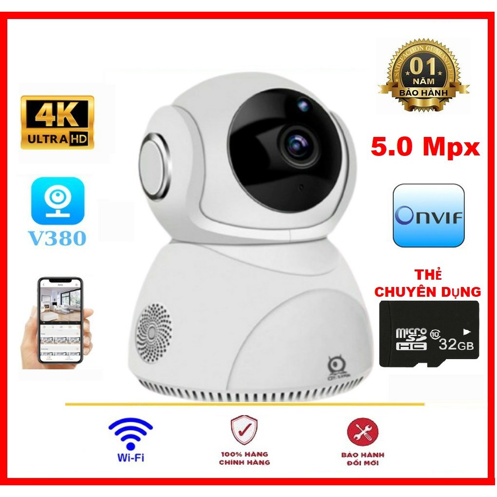 Camera V380 5.0Mpx xoay 360 hình ảnh siêu sắc nét độ phân giải cực cao - Kèm thẻ nhớ tới 64GB | WebRaoVat - webraovat.net.vn