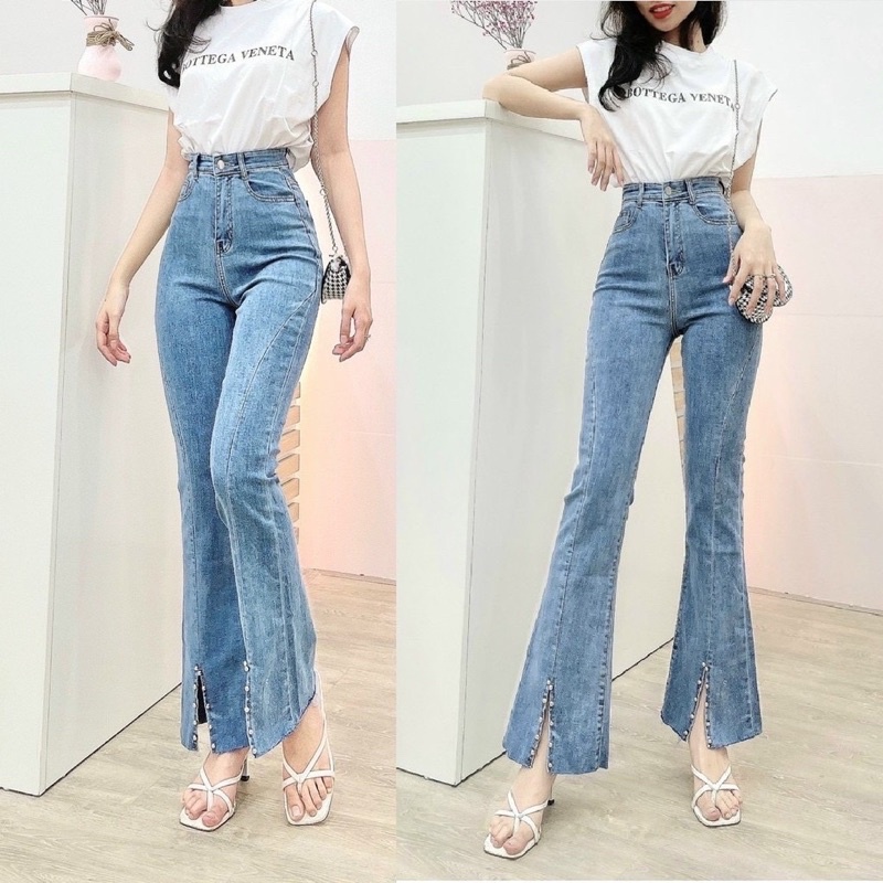 Quần jean ống loe xẻ gấu đính cườm_kèm video tự quay | BigBuy360 - bigbuy360.vn