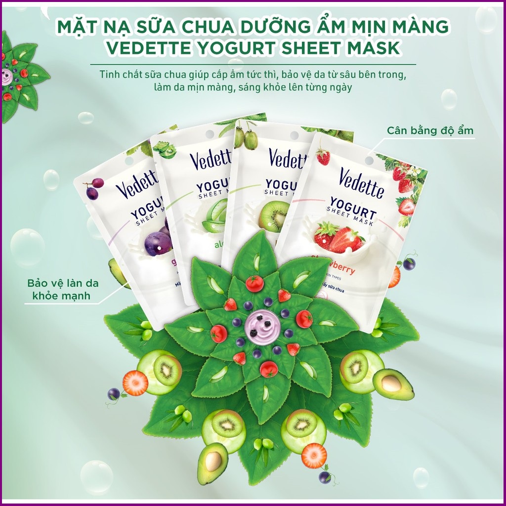 🥦 MẶT NẠ GIẤY SỮA CHUA NHO 22ml VEDETTE - LÀM ẨM & TƯƠI TRẺ LÀN DA - TPM042