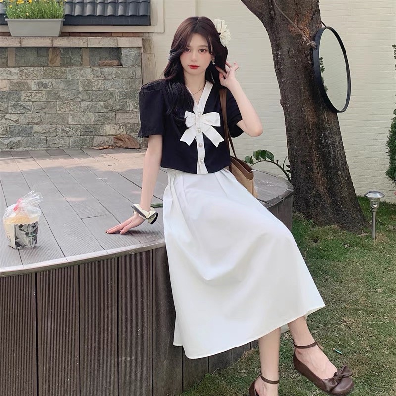 Sét Áo Đen Váy Trắng Dáng Dài JARI-CLOTHES Xoè Đi Chơi Cho Bạn Gái Bigsize Dễ Thương