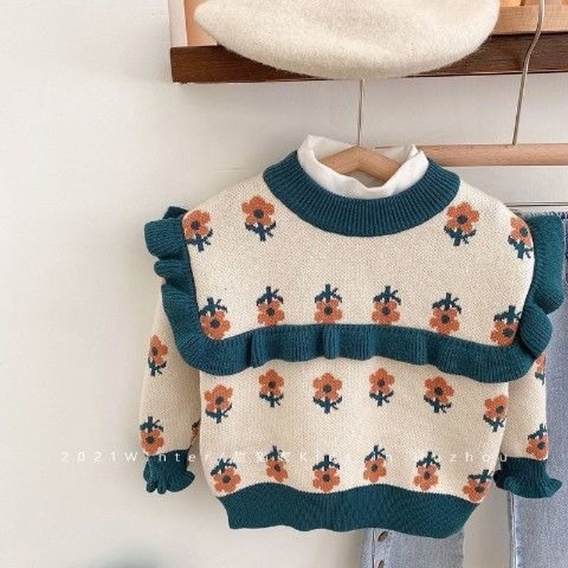 Áo Sweater Dệt Kim Thu Đông Hoạ Tiết Hoa Mới Cho Bé Gái