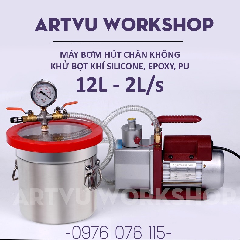 Máy Bơm Hút Chân Không Kèm Nồi Khử Bọt Khí Silicone, Resin, Polyurethane