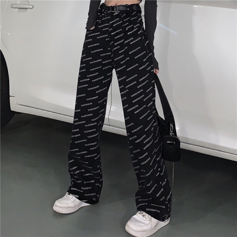 Quần jeans ulzzang in chữ ống rộng cá tính 2021 KÈM 2 ẢNH THẬT CUỐI