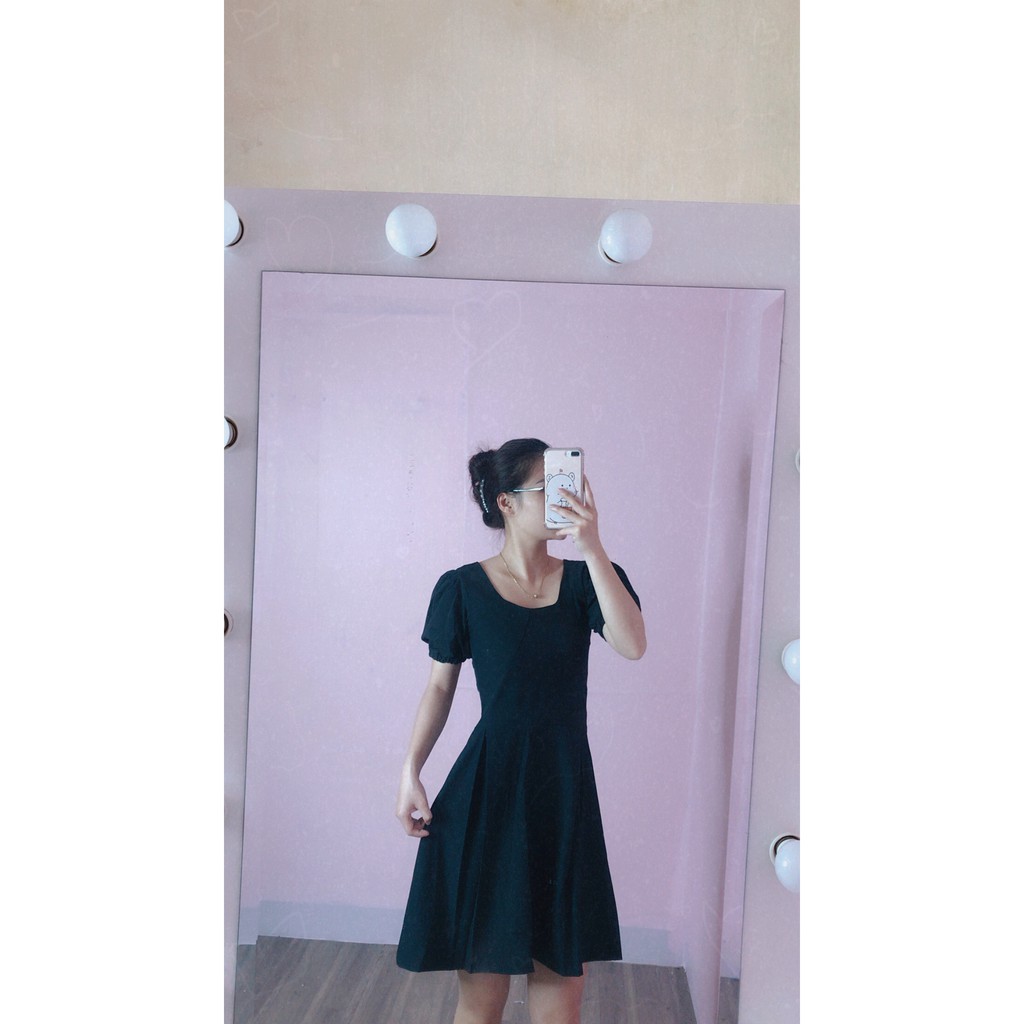 Váy nữ dáng ngắn cổ vuông tay bồng đen dáng xòe tiểu thư siêu hàn quốc | BigBuy360 - bigbuy360.vn