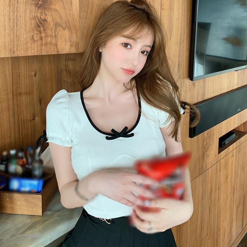 Áo Thun Tay Ngắn Cổ Chữ U Phối Nơ Xinh Xắn Phong Cách Hàn Quốc Dành Cho Bạn Gái